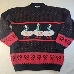 Vintage Private Eyes Duck Knit Christmas Sweater Black Mock Neck USA Women's M